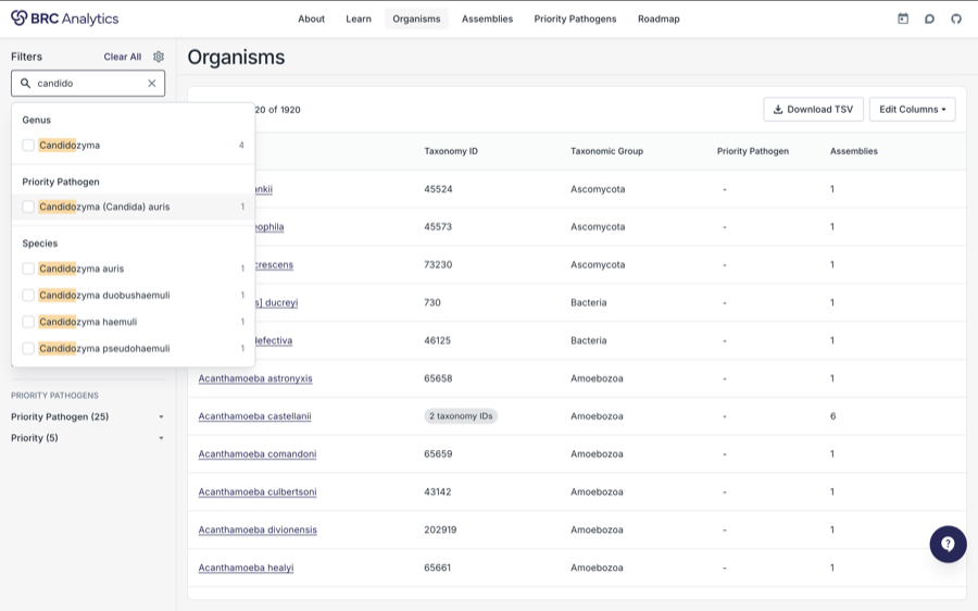 Selecting a species in BRC Analytics